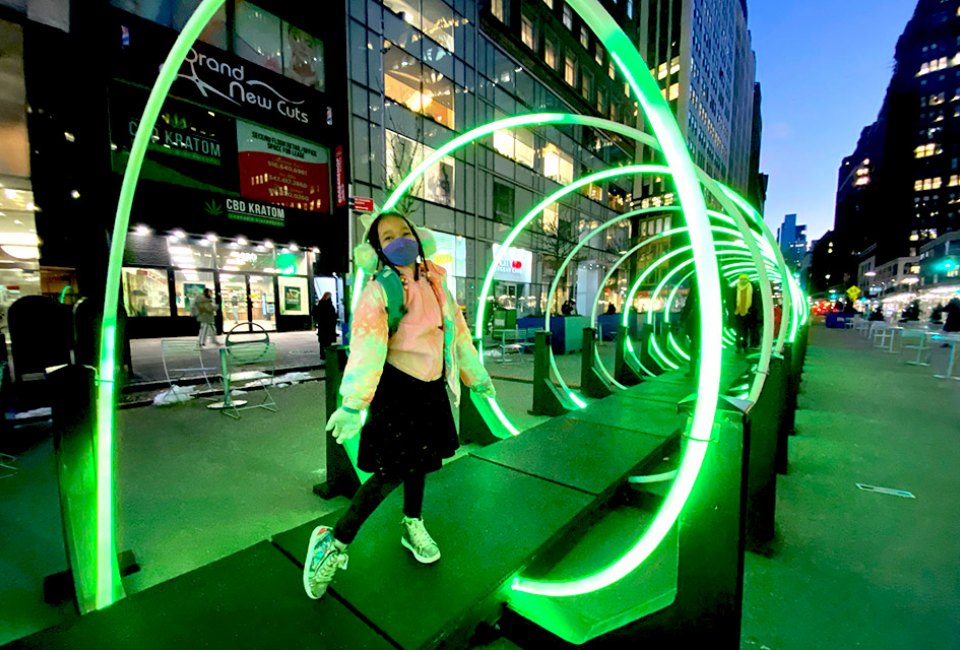 Explore Passage, a light-and-sound-emitting installation on the Broadway Malls this winter. Photo by Jody Mercier