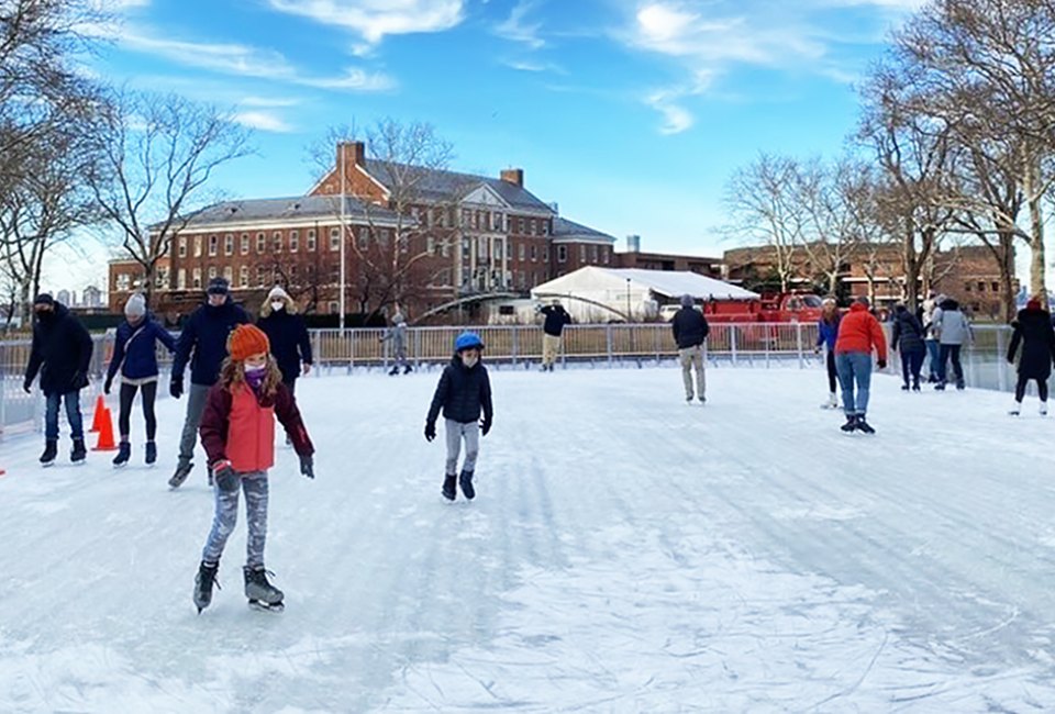 The centerpiece of Governors Island's Winter Village is a 5,000-square-foot ice skating rink. 