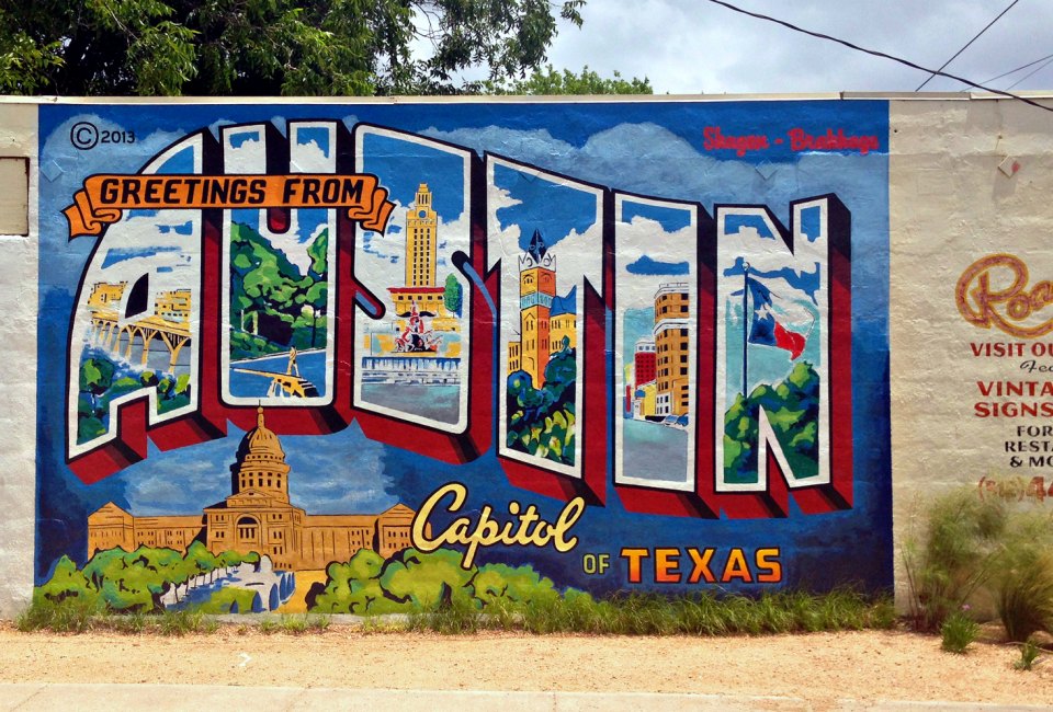 The Greetings from Austin mural on 1st Street. Photo courtesy of Visit Austin