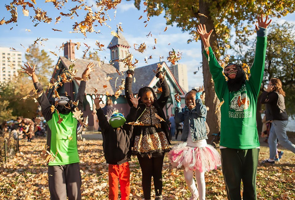 The Harlem Meer's free Halloween event lineup includes costumes, plenty of candy, and a charming pumpkin flotilla. Photo courtesy of Central Park Conservancy