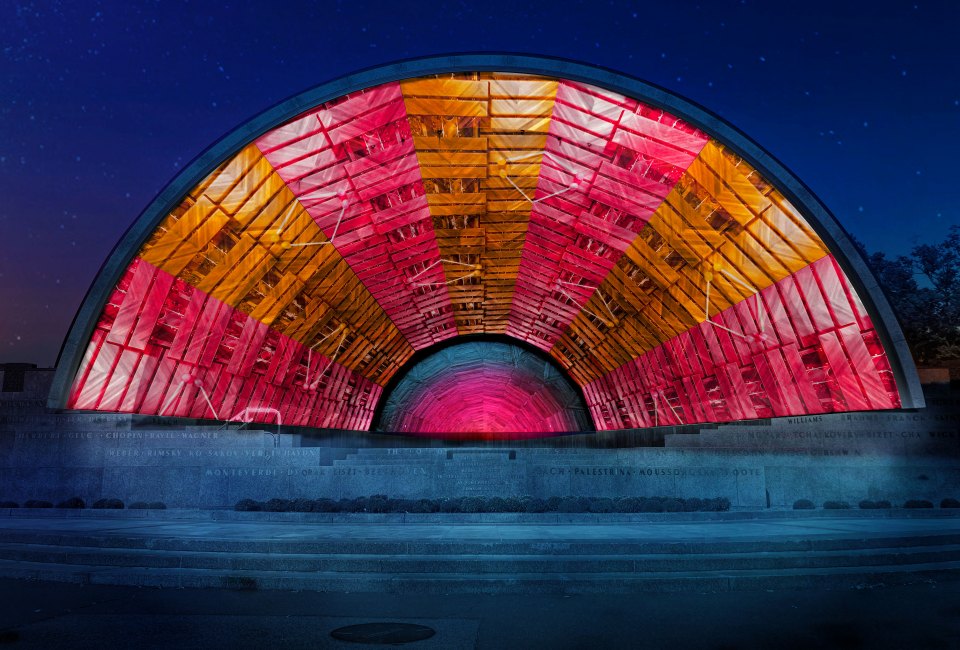 Colors, shapes, and sounds illuminate the Hatch Shell through February 21st.