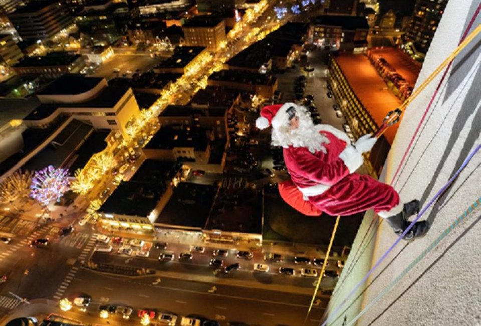 Santa is soaring above Stamford again in December 2024! Heights and Lights photo courtesy of Downtown Stamford Special Services District