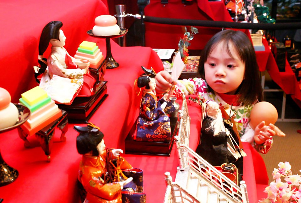 Enjoy an authentic display of intricately decorated hina dolls, experience Hinamatsuri traditions, sing songs, and make a doll to take home at the Japan Society. Photo courtesy of the Japan Society