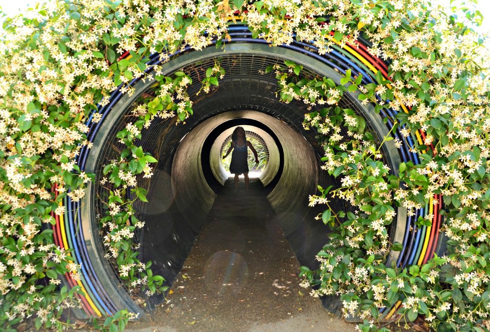 The Children's Garden has interactive sculptural elements like this prism tunnel. Photo courtesy of The Huntington Library, Art Collections, and Botanical Gardens