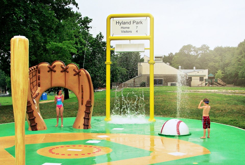 Hyland Park Splash Pad has a clever baseball theme. Photo courtesy of MRC Recreation