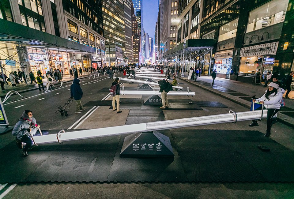  As visitors put Impulse's giant seesaws into motion, they radiate light and emit musical elements. Photo by Alexandre Ayer