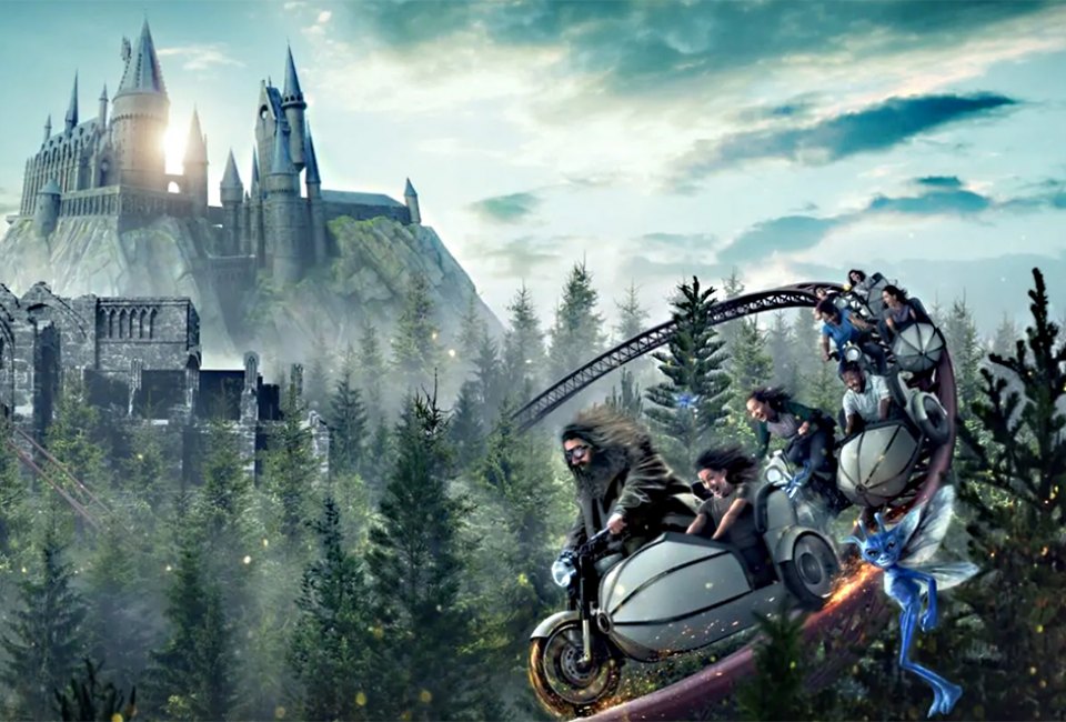 Visitors to the new Hagrid's Magical Creatures Motorbike Adventure will be able to fly beyond the grounds of Hogwarts Castle at Universals Harry Potter World. Courtesy Universal Orlando Resort
