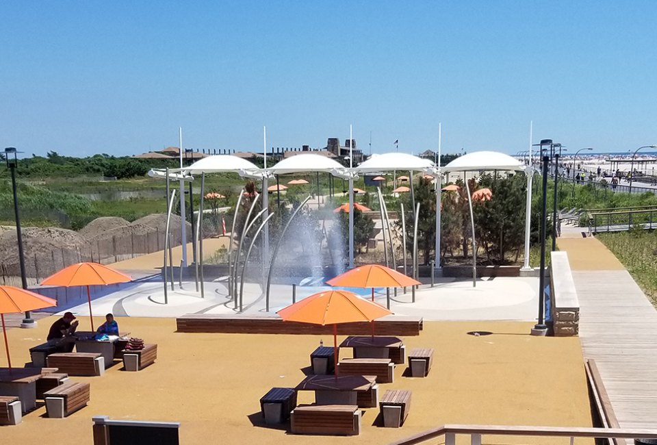 The splash pad is located near Field 4, just a walk across the boardwalk from the ocean.