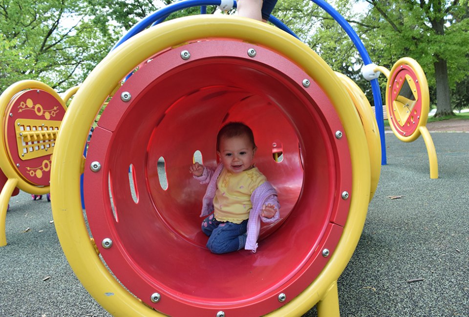 Toddlers love crawling through the tunnels at Colonial Park's playground in Somerset, NJ.
