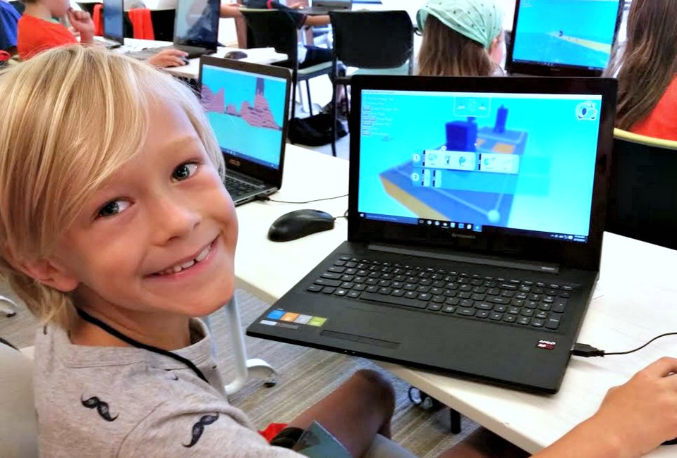 Kids4Coding camper creating a 3D game using KODU Game Lab at Microsoft New England in Cambridge. Photo courtesy of Kids4Coding