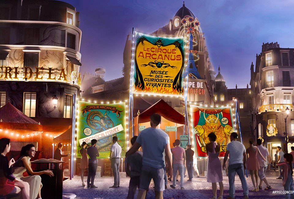 For the first time in The Wizarding World of Harry Potter, guests enjoy a live, theatrical experience at Le Cirque Arcanus. Artist conceptual rendering courtesy of Universal