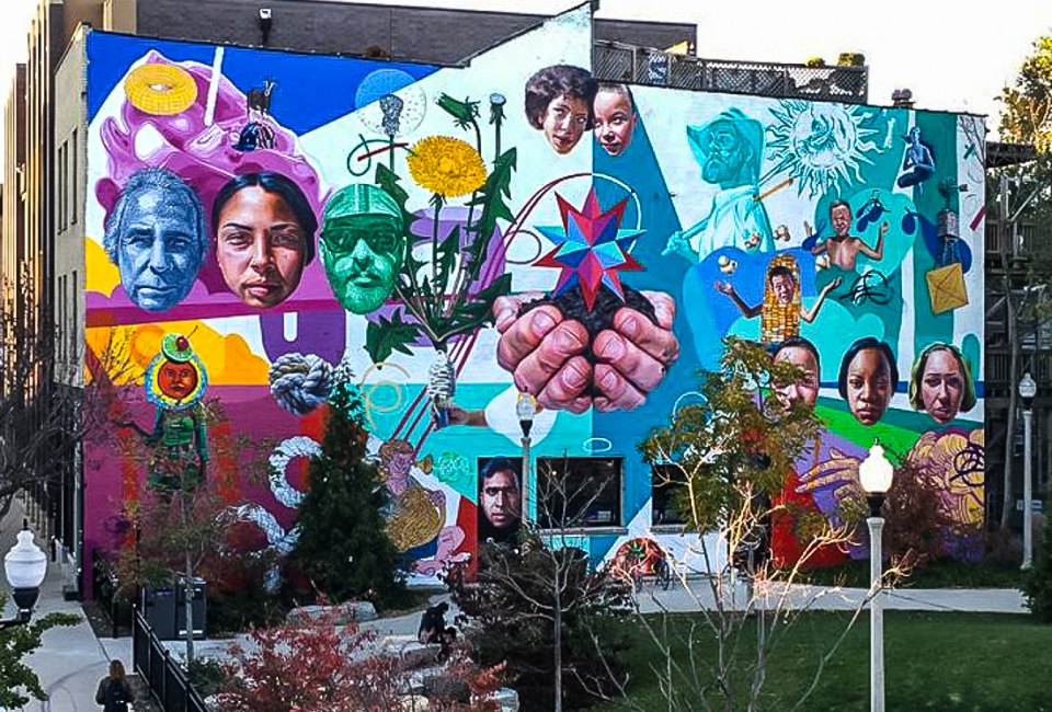The iconic ConAgra mural in Chicago, created by artist Jeff Zimmermann, is visible from the 606  elevated Bloomingdale Trail. Photo courtesy of jazim.com