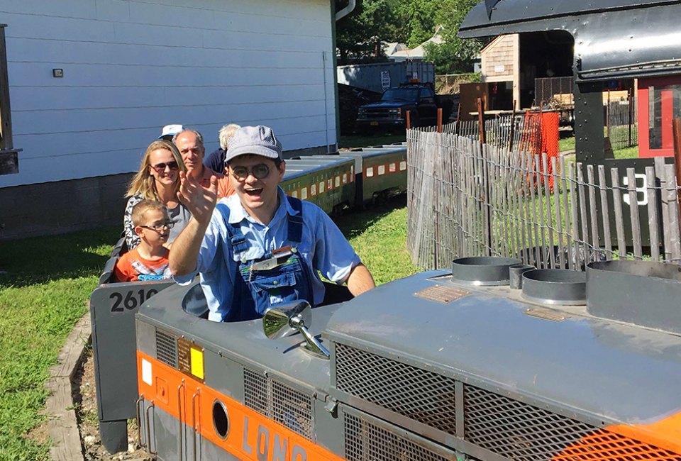 Enjoy a ride on the historic G16 miniature train at the Railroad Museum of Long Island. Photo courtesy of the museum