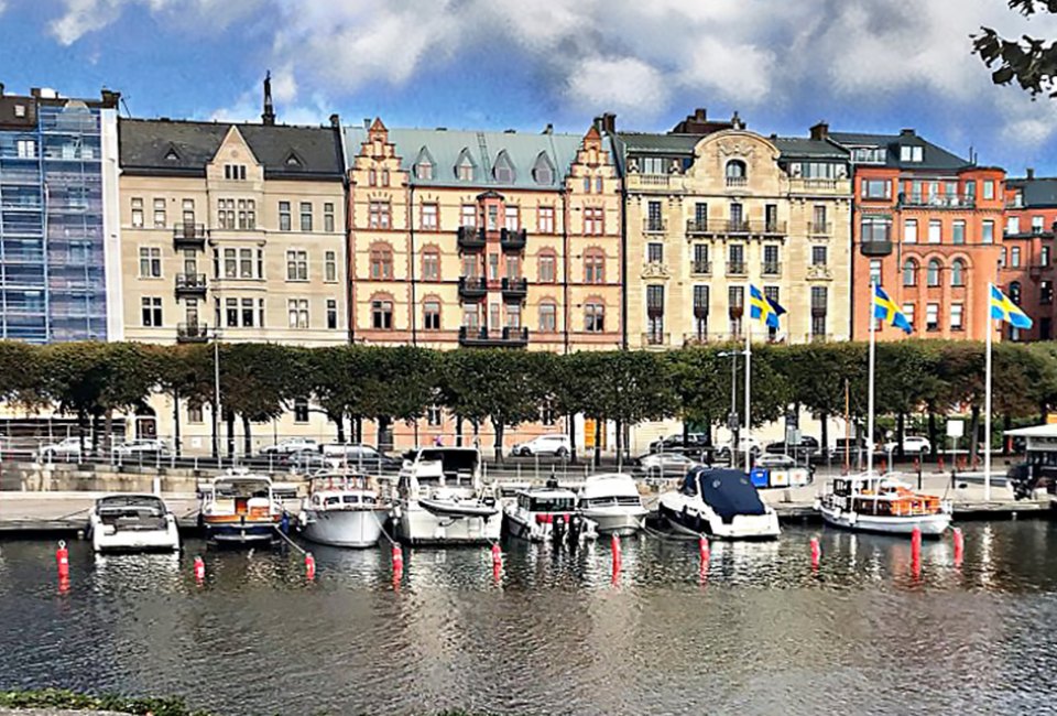 Stroll along the canal in Stockholm's Norrmalm neighborhood.