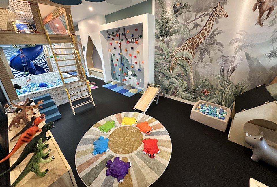 Good Life Clubhaus Brings Play Space and Juice Bar to Merrick Good Life Clubhaus' play space includes a ball pit, climbing structures, sensory floor tiles, and a small netted clubhouse. Photo by the author