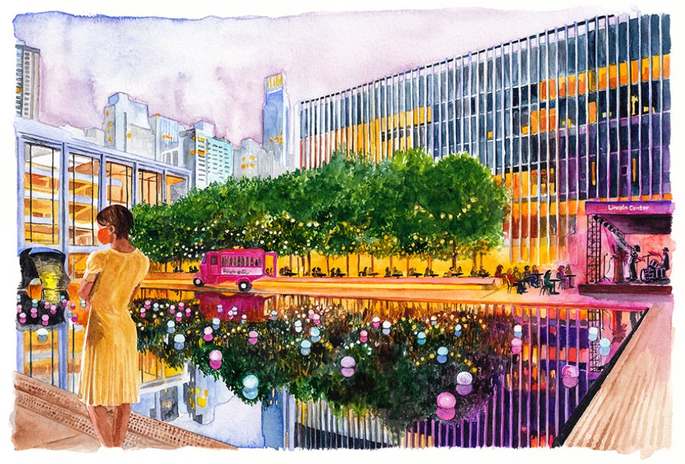 Lincoln Center's Restart Stages looks to revitalize NYC's performing arts with outdoor performance and rehearsal venues.  Illustration by Ceylan A. Sahin Eker