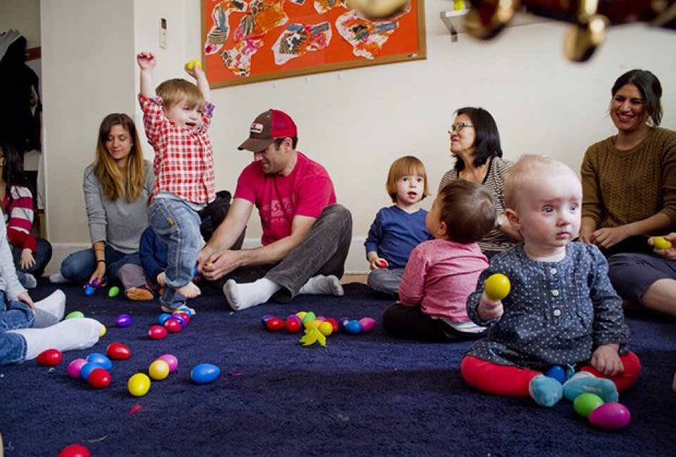 Pick a spot on the floor and pick an instrument at a Kids at Work jam session. Photo courtesy of the venue