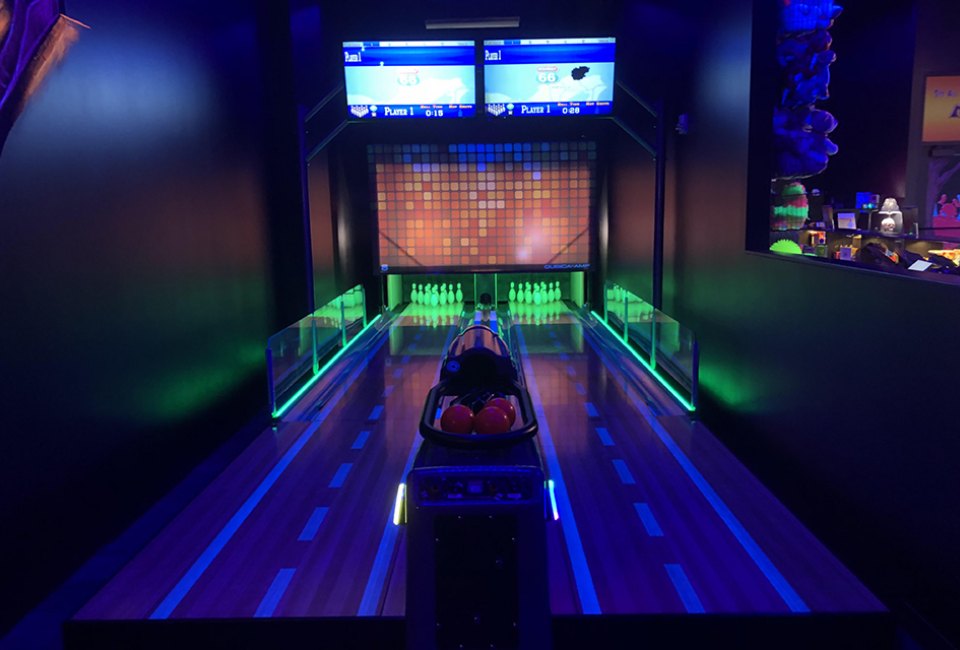 glow in the dark bowling lanes at Monster Mini Golf. westchester bowling