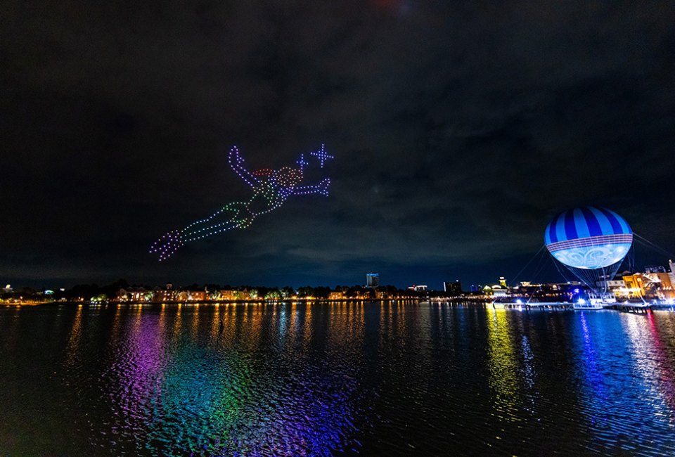 Enjoy Walt Disney World in a whole new way at the Disney Dreams That Soar drone show, visible here from Disney Springs. Photo courtesy WDW News