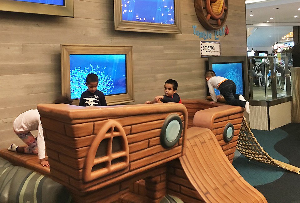 New Jersey kids can find free fun climbing the pirate ship at the free Garden State Plaza Westfield mall. Photo by Mommy Poppins