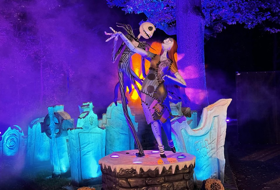 Join Jack Skellington, Sally, and Zero on a walk of wonders at NYBG's The Nightmare Before Christmas Light Trail. Photo by Ally Noel