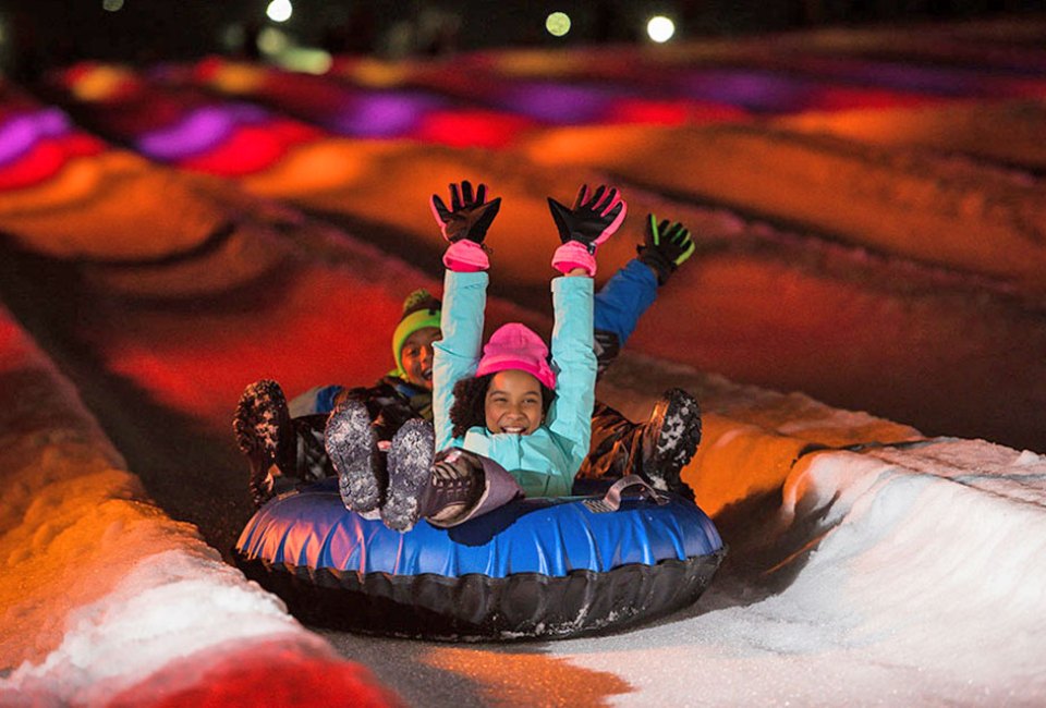 Galactic snow tubing at Camelback offers an LED light show come nightfall.