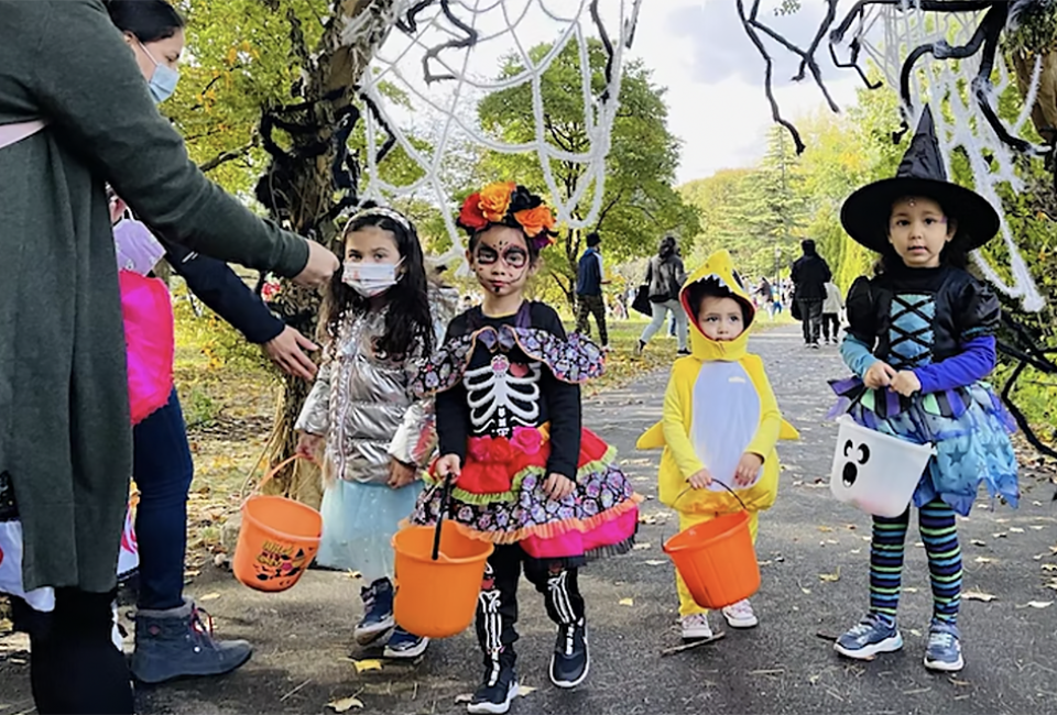 Tiny trick-or-treaters are invited to show off their Halloween costumes as they walk the trick-or-treat trail at the Queens Botanical Garden. Photo courtesy of the garden