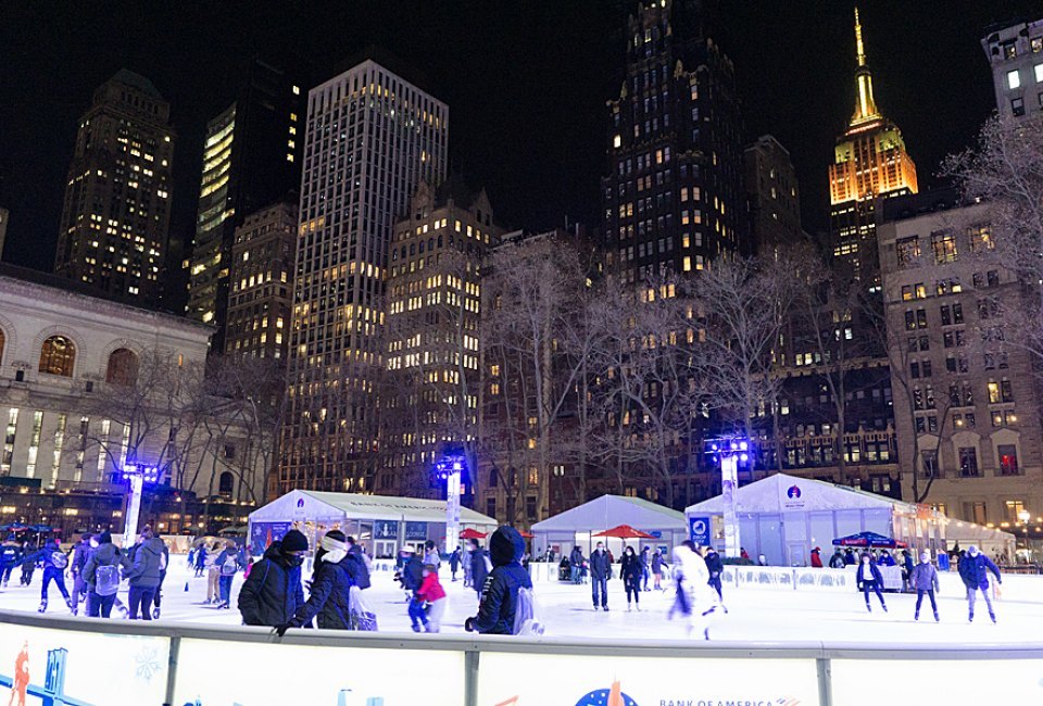 Skate admission free at Bryant Park's Bank of America Winter Village, which reopens its rink—and more attractions—Friday, October 29, 2021. Photo by author