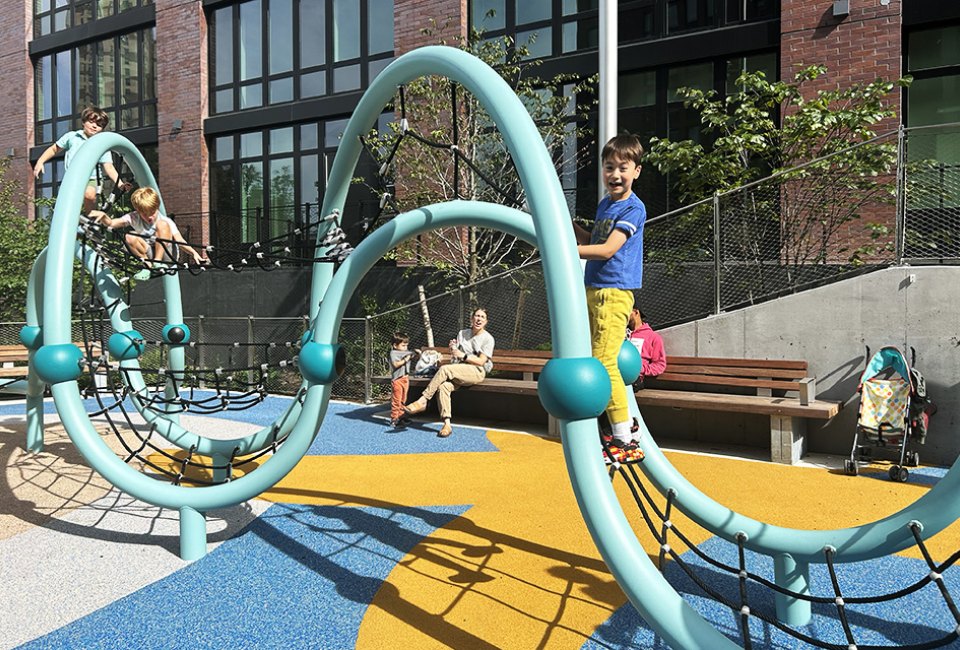 Kids can climb, run, and romp in Prospect Heights newest playground at Pacific Park.
