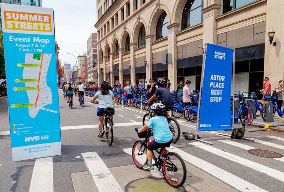 During Summer Streets, kids and adults take over seven miles of NYC streets to play, run, walk, and bike. Photo courtesy of NYC DOT 