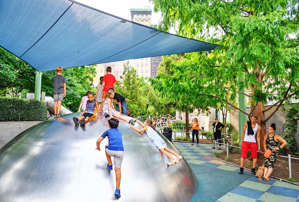  Climb to the top of the huge, steep, slippery metal dome at Evelyn's Playground during your next visit to Union Square Park. Photo by Carey Wagner