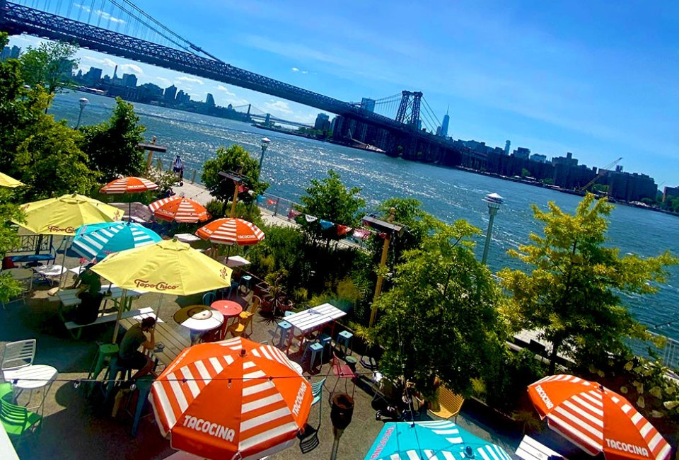 Domino Park and Tacocina offer stunning views of the Williamsburg waterfront and Manhattan beyond. Photo courtesy of Tacocina