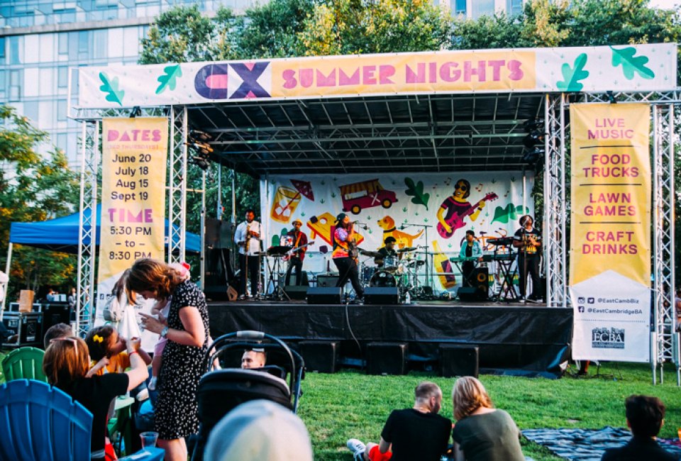 Cambridge Crossing hosts free summer concerts in June, July, and August. CX Summer Nights photo by Flavio D photography and AE Events