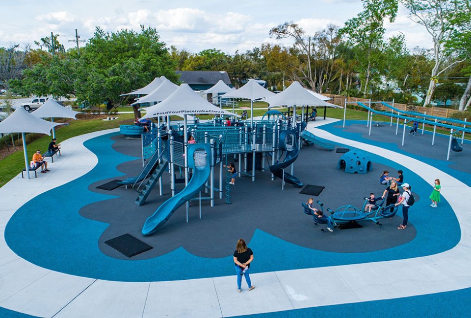 Cannery Park is an all-inclusive park with rubber pad surface, shade coverings, swings, and a soft landing pad at the end of all slides. 