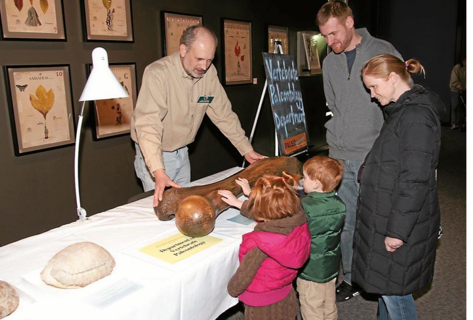 Paleopalooza visitors can touch a real fossil with the help of Collection Manager Ned Gilmore. Photo by Will Klein, courtesy of the Academy of Natural Sciences