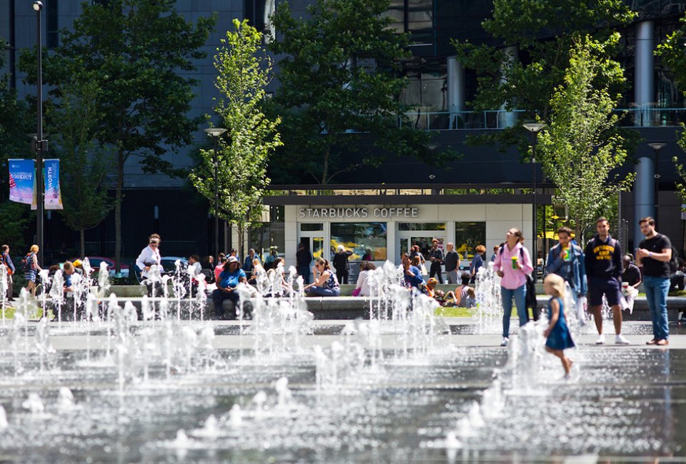 There are a host of spraygrounds and splashpads in the Center City area, like the Fountain at Dilworth Park.  Photo courtesy of Center City District