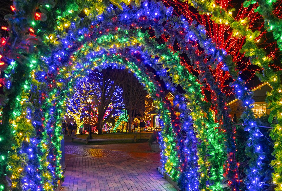 Stroll the winding brick pathways of Peddler's Village illuminated by more than a million glowing, twinkling holiday lights. Photo by Tohickon Media 