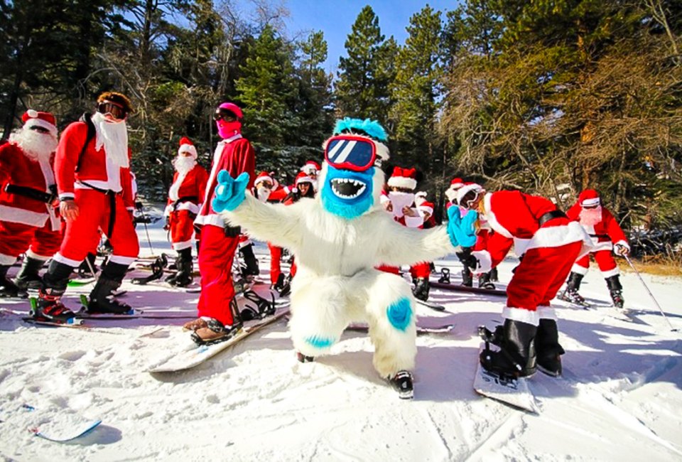 All Santas skis for free! Giant Yeti may have to pay full price. Photo courtesy of Mountain High Resorts