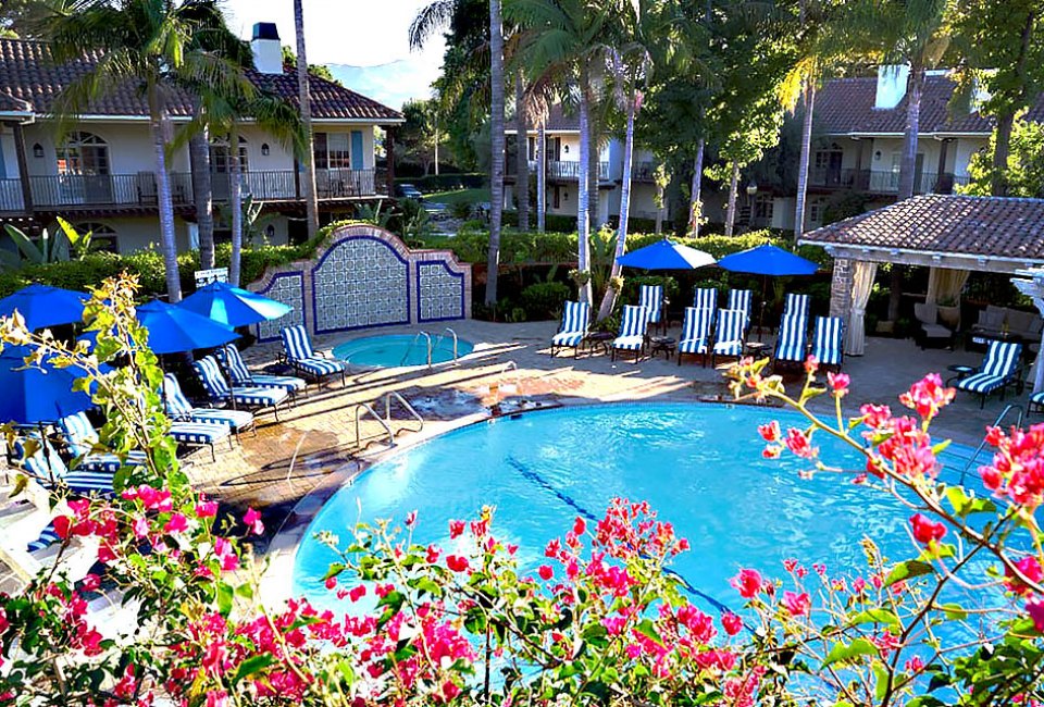 The Westlake Village Pool is a lovely flowery oasis. 