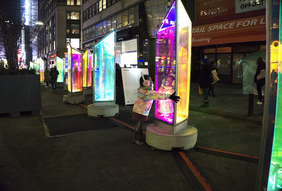 Prismatica brings 25 rotating, rainbow-hued prisms to the Garment District.