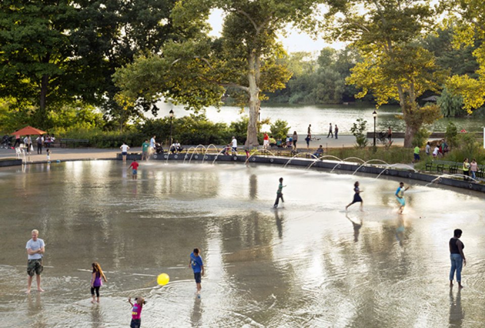 Cool off at the monumental splash pad at LeFrak Center in Prospect Park. Photo by Michael Moran for the Prospect Park Alliance