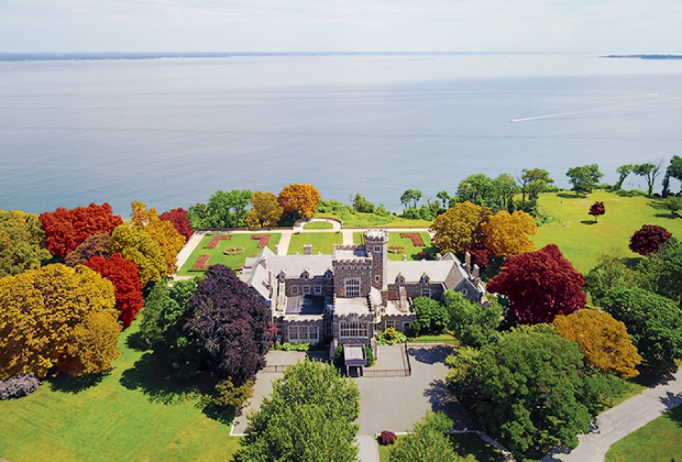 Aerial shot of Sands Point Preserve during the fall season.