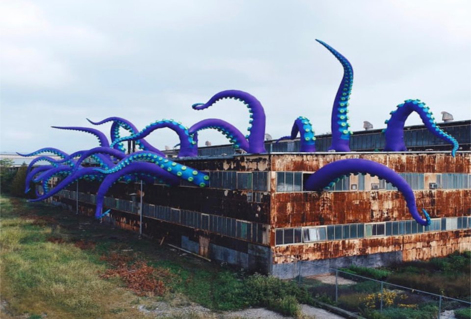 Sea monster tentacles erupt from an abandoned warehouse in the Navy Yard.