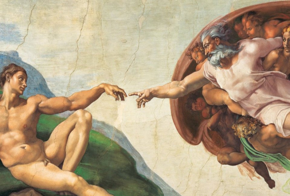 Michelangelo’s The Creation of Adam recreated for “Up Close: Michelangelo’s Sistine Chapel.” Courtesy of Erich Lessing and SEE Global Entertainment