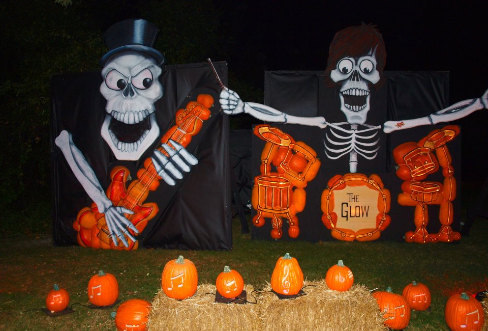 A huge skeleton band made out of pumpkins lights up the night at THE GLOW. Photo courtesy of the author