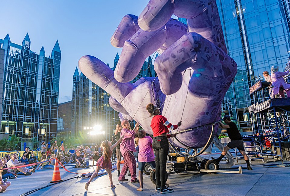 How close you get to the action is up to you during Squonk's Big Hands for Big Umbrella performance at Lincoln Center's Big Umbrella Outdoors Fest next month. Photo by Emily O'Donnell/courtesy of Lincoln Center