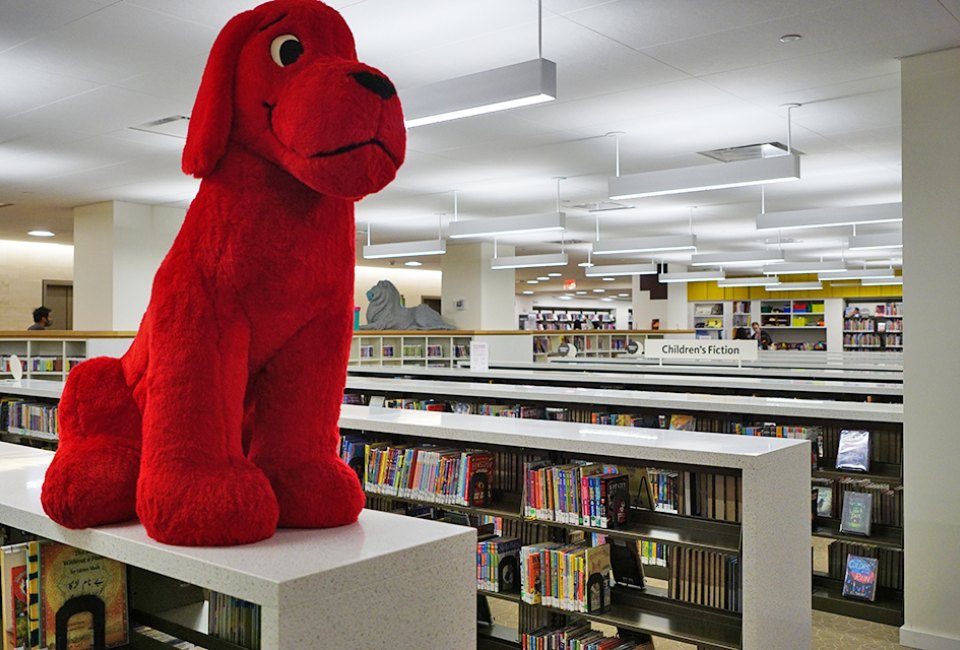 Clifford the Big Red Dog greets visitors to the Children's Center at the Stavros Niarochos Library on Fifth Avenue. Photo by Jody Mercier