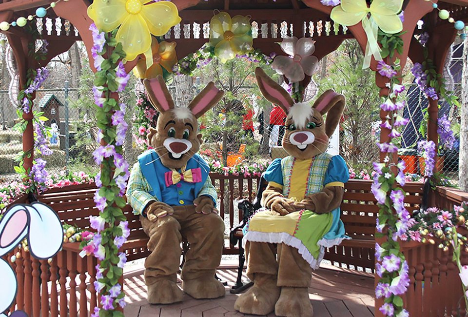 Mr. and Mrs. Easter Bunny oversee the Easter egg hunt at Storybook Land in Egg Harbor Township. Photo courtesy of Storybook Land