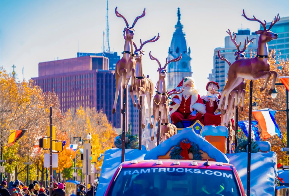 Santa cruising through the city for the 6abc  Dunkin' Thanksgiving Day Parade. Photo courtesy of J. Fusco for Visit Philadelphia.