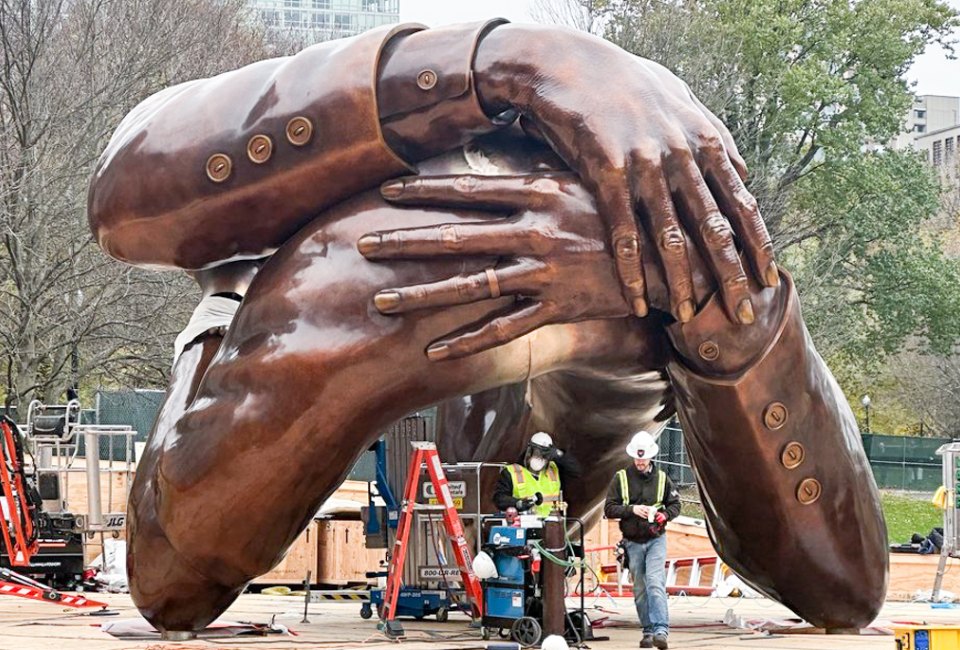 This MLK weekend, Boston reveals The Embrace by Hank Willis Thomas, a memorial to Dr. and Mrs. King. Installation in progress photo courtesy of Negative Space.